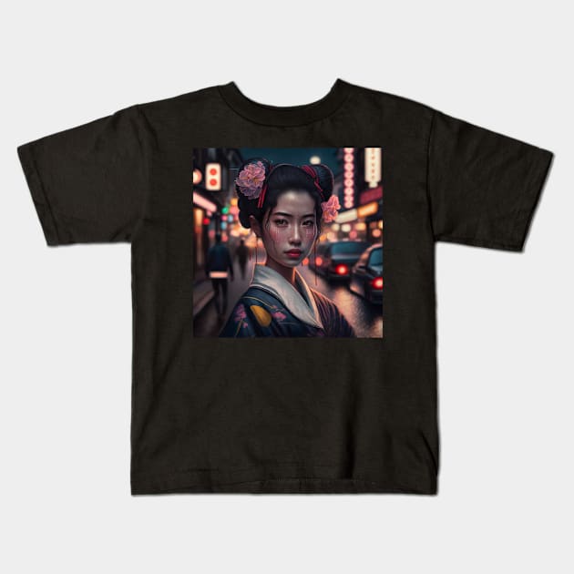 Kimono Japanese Woman Portrait Tokyo Kids T-Shirt by unrealartwork